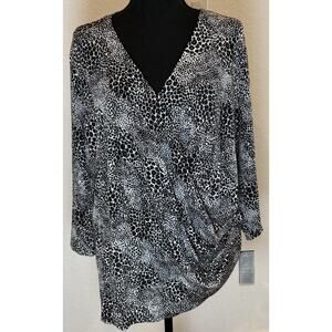 Alex Evenings Black and White Crossover Blouse with Silver Glitter Size 2X NWT